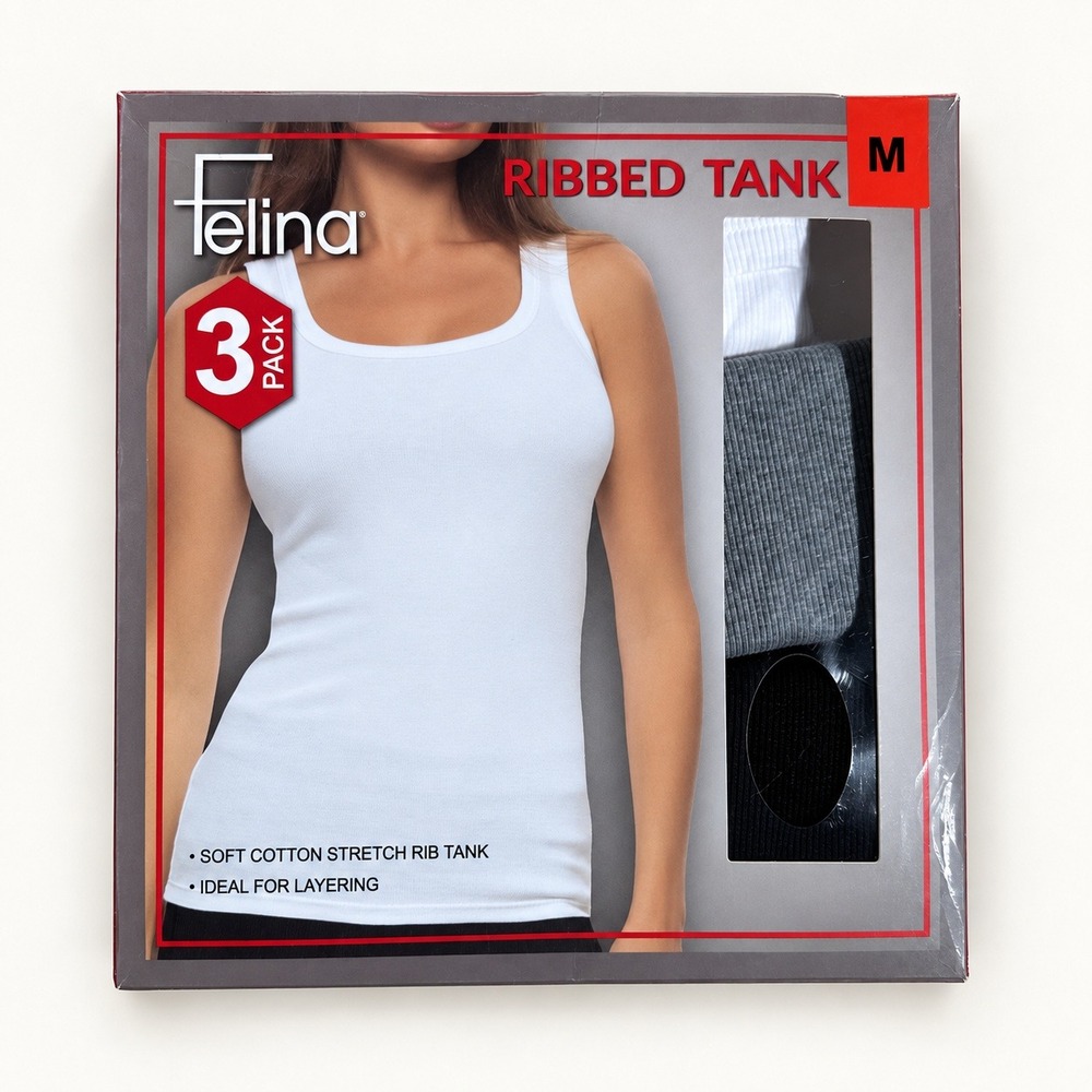 Felina Womens 3 Pack Ribbed Tank Tops White Grey Black C6923 Medium 8-10 NIB